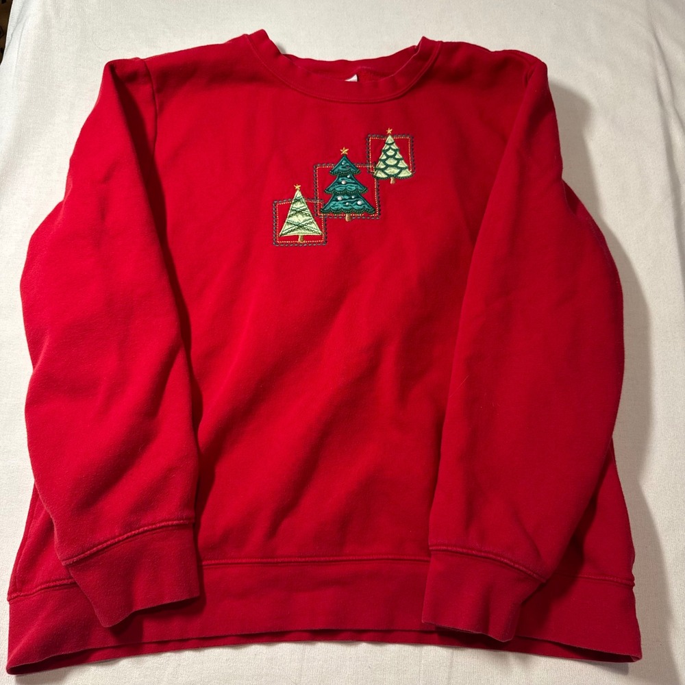Holiday Editions Red Christmas Tree Embroidered‎ Crewneck Sweatshirt Womens L
